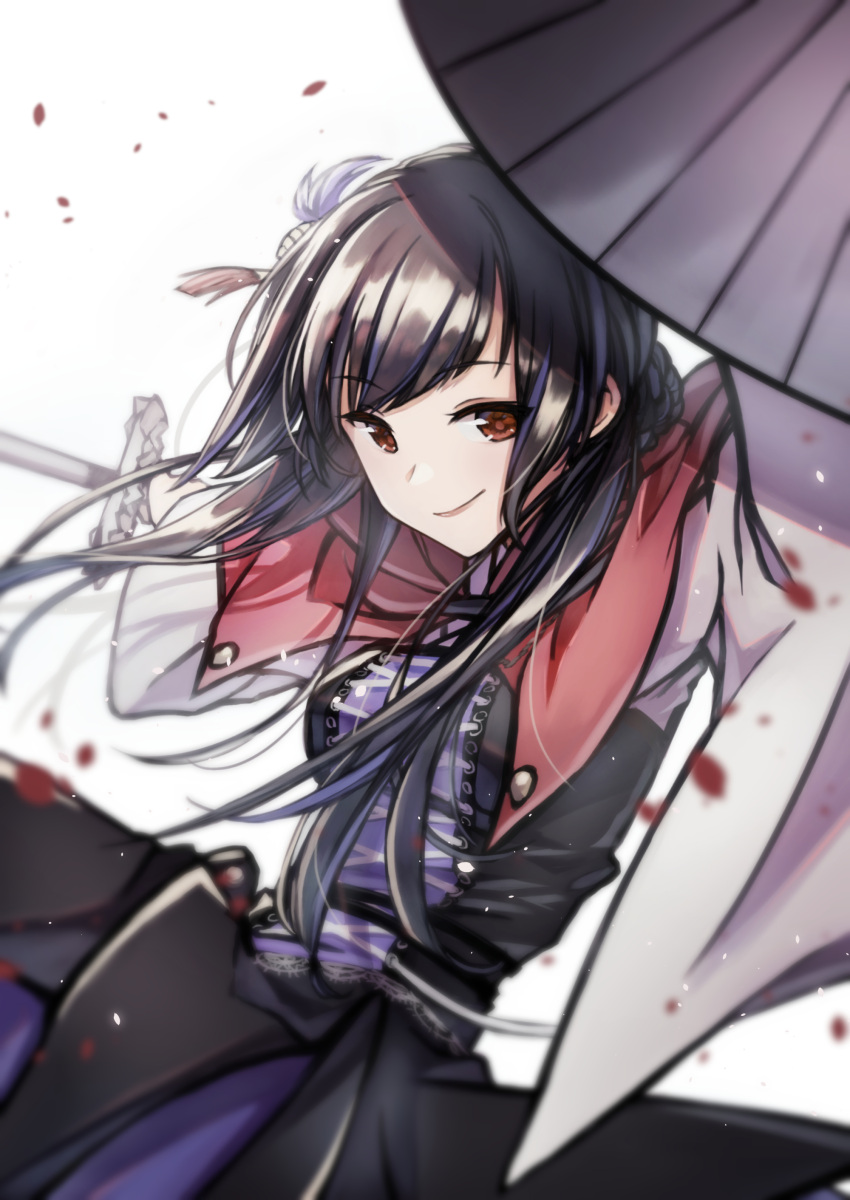 1girl absurdres arm_up black_dress black_hair blurry braid braided_bun breasts brown_eyes capelet closed_mouth cowboy_shot cross-laced_clothes cross-laced_dress depth_of_field dress falling_petals hair_bun hair_ornament hanare_yatsuki hand_up highres holding holding_sword holding_umbrella holding_weapon light_particles long_hair long_sleeves looking_at_viewer medium_breasts multicolored_hair oil-paper_umbrella outstretched_arms petals purple_dress purple_hair red_capelet shoujo_kageki_revue_starlight simple_background smirk solo standing streaked_hair sword tareko tassel tassel_hair_ornament two-tone_dress two-tone_hair umbrella weapon white_background wide_sleeves