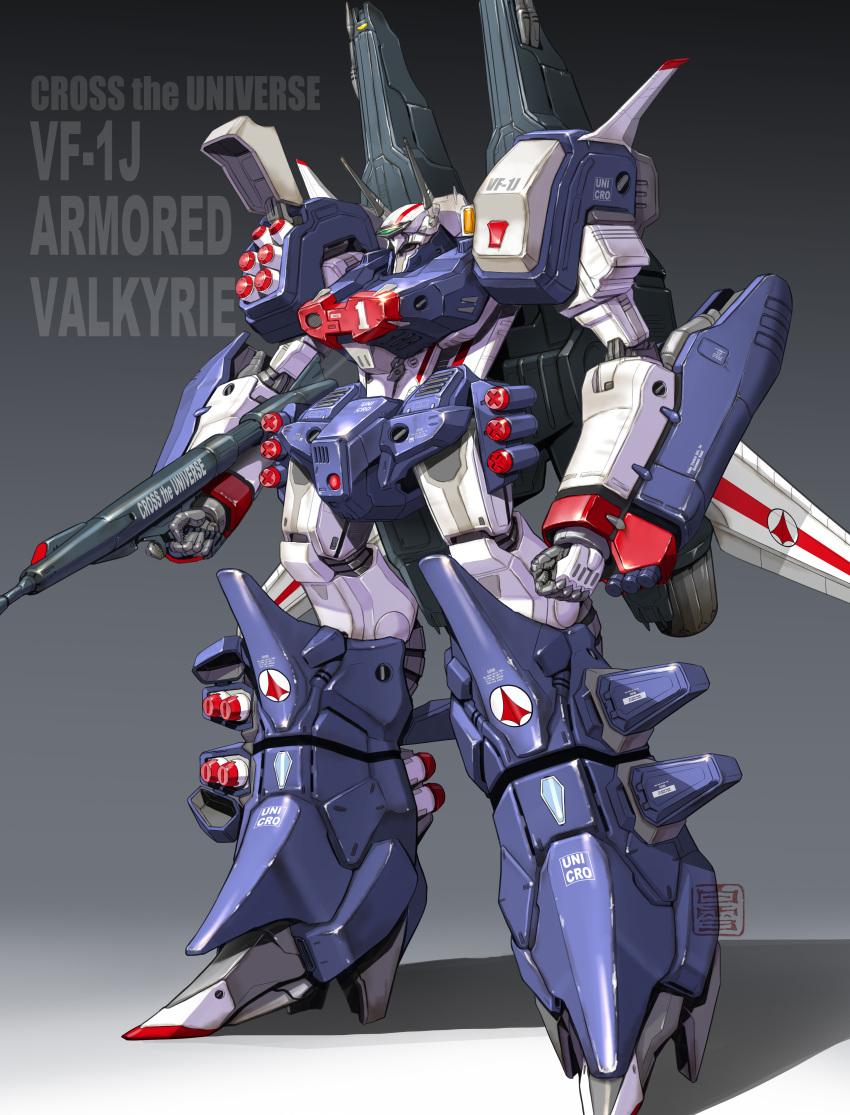 absurdres character_name choujikuu_yousai_macross commentary_request energy_cannon english_text gradient_background gunpod highres laser_cannon machinery macross maeda_hiroyuki mecha missile_pod original reactive_armor redesign robot roundel science_fiction signature u.n._spacy vf-1 vf-1j vf-1j_armored