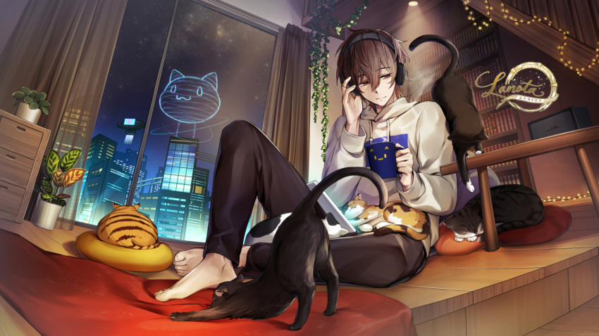 1boy barefoot black_pants book bookshelf brown_eyes brown_hair cat clip_studio_paint_(medium) closed_mouth commentary_request cup curtains drawstring half-closed_eyes hand_up headphones holding holding_cup hood hood_down hoodie indoors jh lanota male_focus mug night night_sky official_art pants sky smile solo star_(sky) starry_sky steam string_of_light_bulbs tablet_pc white_hoodie window
