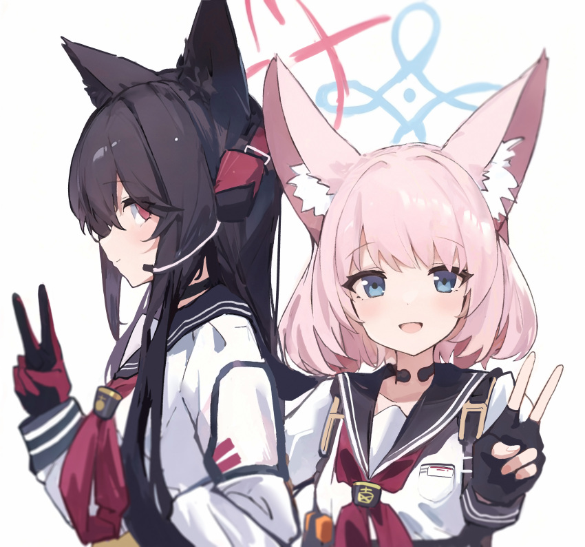 2girls :d absurdres animal_ear_fluff animal_ears black_choker black_gloves black_hair black_sailor_collar blue_archive blue_eyes blush bow choker collarbone fingerless_gloves fox_ears gloves hair_ornament halo hand_up highres long_hair long_sleeves looking_at_viewer multiple_girls neckerchief niko_(blue_archive) open_mouth pink_hair red_neckerchief sailor_collar school_uniform serafuku shirt short_hair simple_background smile upper_body v white_background white_shirt xsan yukino_(blue_archive)