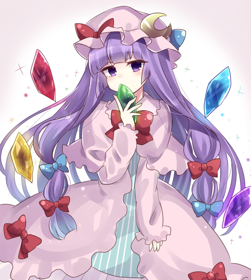 1girl blue_bow blue_dress blunt_bangs bow bowtie capelet covering_mouth crescent crescent_hat_ornament crystal dress hair_bow hat hat_bow hat_ornament highres light_blush long_hair long_sleeves looking_at_viewer mob_cap patchouli_knowledge philosopher's_stone purple_hair red_bow red_bowtie robe simple_background solo sparkle striped striped_dress subaru_(subachoco) touhou very_long_hair violet_eyes white_background