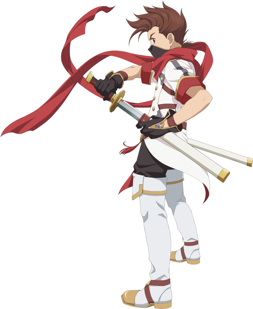 1boy black_gloves black_mask boots brown_eyes brown_hair full_body gloves highres holding holding_weapon lloyd_irving lloyd_irving_(fang_of_the_white_lions) official_alternate_costume official_art pants red_scarf scarf short_sleeves solo spiky_hair sword tales_of_(series) tales_of_asteria tales_of_symphonia thigh_boots transparent_background weapon white_footwear