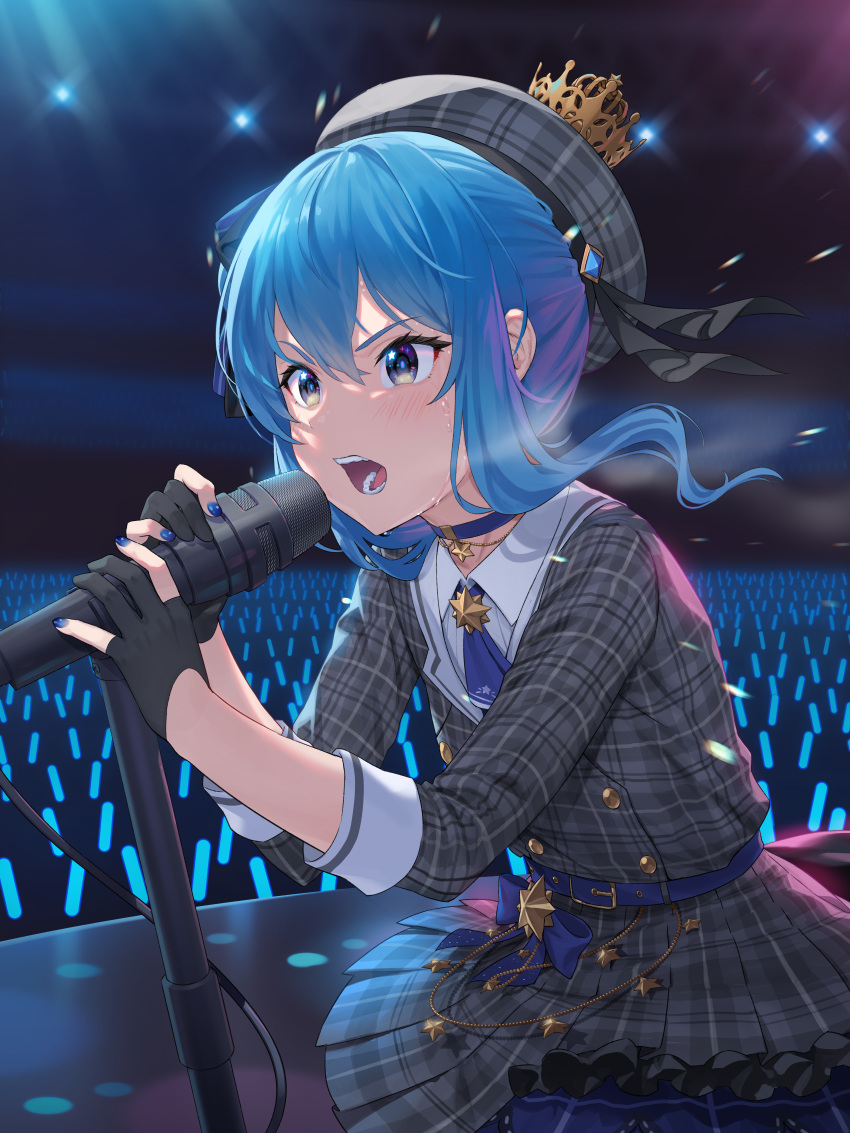 1girl absurdres ascot belt beret black_gloves blue_ascot blue_belt blue_choker blue_eyes blue_hair blue_nails choker concert crown dress floating_hair frills gloves glowstick hat highres holding holding_microphone hololive hoshimachi_suisei lights microphone microphone_stand mini_crown music open_mouth partially_fingerless_gloves plaid plaid_dress plaid_headwear rekyu_(rcrcx2) sidelocks singing solo stage star_(symbol) star_choker star_in_eye sweat symbol_in_eye v-shaped_eyebrows virtual_youtuber wavy_hair