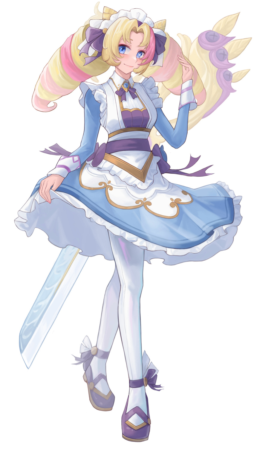 1girl absurdres blonde_hair bow breasts cafe_cuties_(league_of_legends) cafe_cuties_gwen closed_mouth cone_hair_bun drill_hair gwen_(league_of_legends) hair_bow hair_bun highres league_of_legends long_hair long_sleeves looking_at_viewer maid maid_headdress multicolored_hair nekocat official_alternate_costume oversized_object pantyhose parted_bangs pink_hair purple_bow shoes simple_background smile solo twin_drills twintails two-tone_hair white_background white_pantyhose