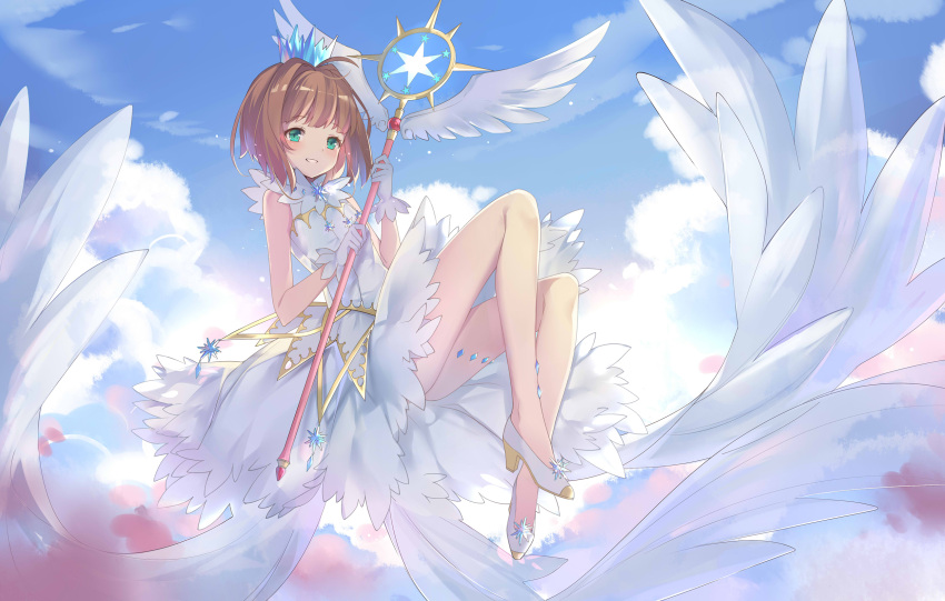 1girl :d ahoge blue_sky blunt_bangs blush breasts brown_hair cardcaptor_sakura clamp_(circle)_(style) clouds collar commentary crown day diamond_(shape) dress eyelashes feathered_wings flying full_body gloves green_eyes hair_intakes highres holding holding_staff kikistark kinomoto_sakura knees_up legs looking_at_viewer magical_girl mini_crown outdoors romaji_commentary short_hair sky small_breasts smile solo staff star_(symbol) white_collar white_dress white_footwear white_gloves white_wings wing_ornament wings