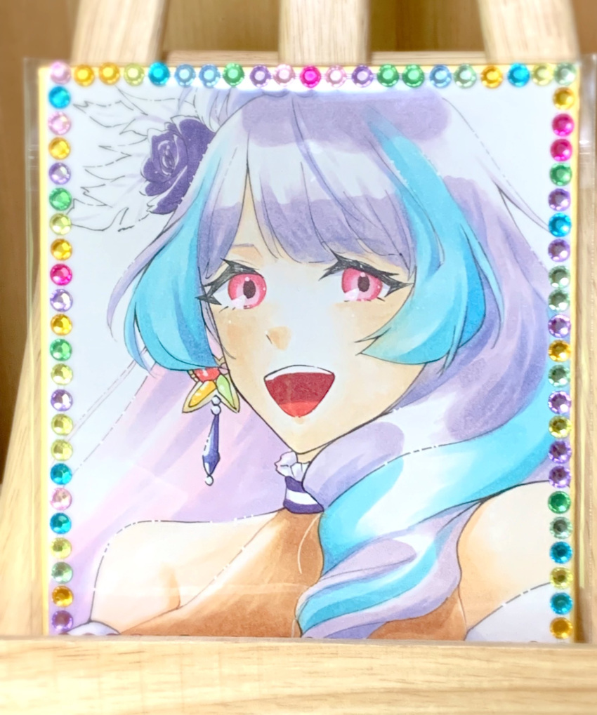 blue_hair butterfly_earrings commission detached_sleeves earrings feather_hair_ornament feathers flower hair_flower hair_ornament halterneck highres jewelry looking_at_viewer macross macross_delta mikumo_guynemer mitiru multicolored_hair open_mouth pink_eyes portrait purple_flower purple_hair second-party_source single_earring smile streaked_hair traditional_media