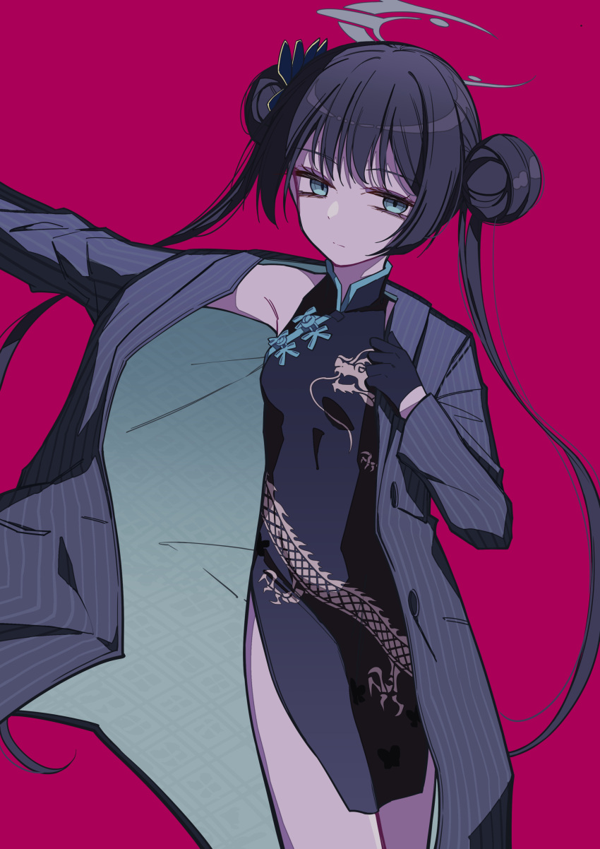 1girl absurdres black_dress black_gloves black_hair blue_archive breasts closed_mouth commentary_request double_bun dress gloves grey_eyes grey_jacket hair_bun halo highres jacket kisaki_(blue_archive) long_hair looking_at_viewer open_clothes open_jacket pelvic_curtain pinstripe_pattern purple_background small_breasts solo standing striped toake_mikage twintails very_long_hair