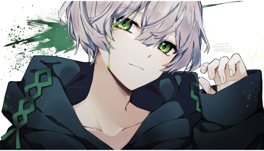 1boy 2021 absurdres black_hoodie border closed_mouth crying crying_with_eyes_open daifuku_mame_(kageroudt33) dated green_eyes grey_hair highres hood hood_down hoodie long_sleeves male_focus original paint_splatter short_hair signature tears unhappy white_background white_border