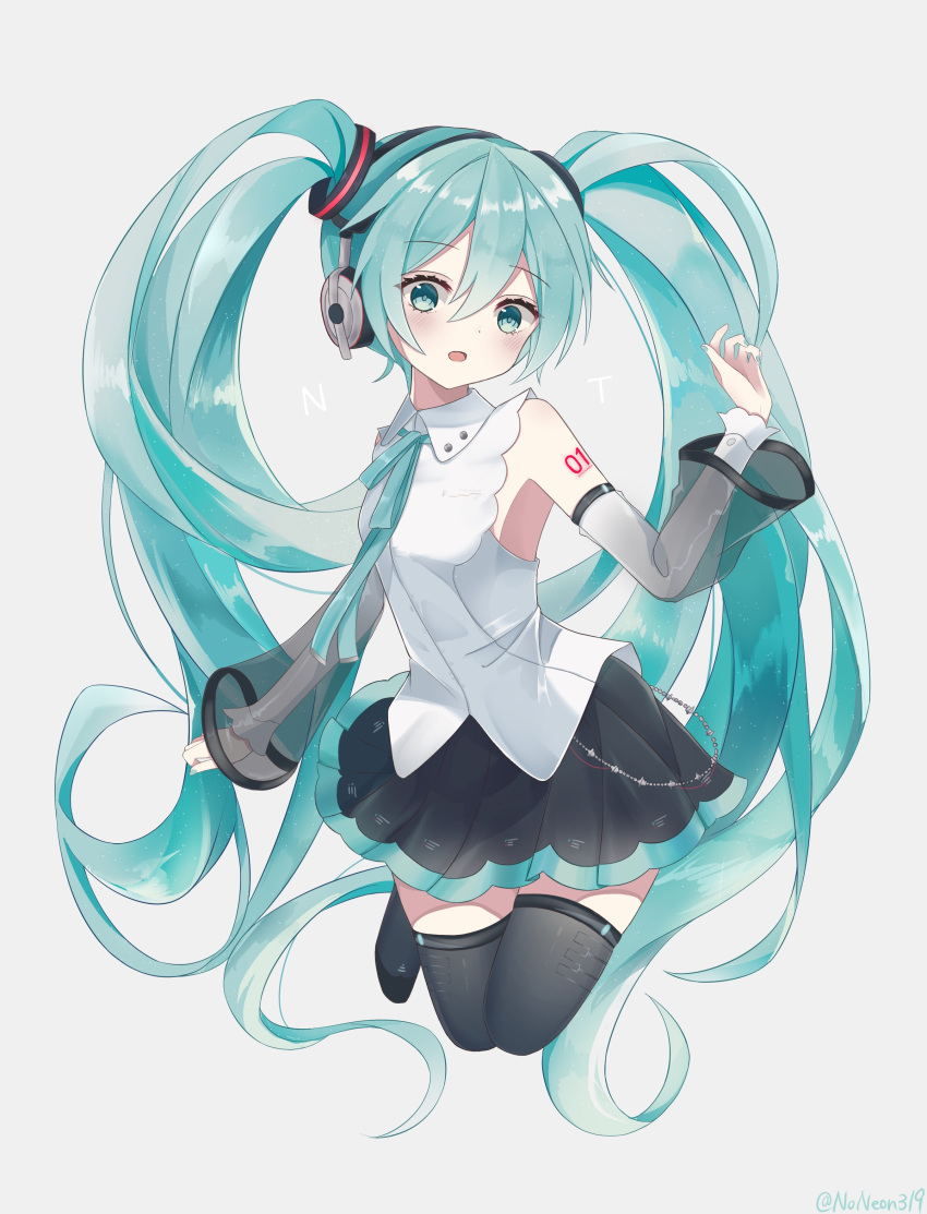 1girl absurdly_long_hair absurdres aqua_eyes aqua_hair aqua_ribbon bare_shoulders black_skirt black_thighhighs detached_sleeves full_body grey_background hair_ornament hand_up hatsune_miku hatsune_miku_(nt) headphones highres legs_up long_hair miniskirt neck_ribbon noneon319 open_mouth piano_print piapro pleated_skirt revision ribbon see-through see-through_sleeves shirt shoulder_tattoo skirt sleeveless sleeveless_shirt solo tattoo thigh-highs twintails very_long_hair vocaloid white_shirt white_sleeves zettai_ryouiki