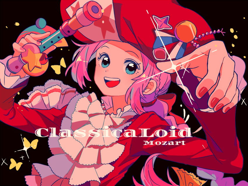 1boy ascot blue_eyes braid braided_ponytail character_name classicaloid copyright_name hat_ornament highres holding holding_instrument instrument long_sleeves male_focus pink_hair recorder red_headwear red_nails sanamaru_(sana79261827) solo upper_body white_ascot wolfgang_amadeus_mozart_(classicaloid)