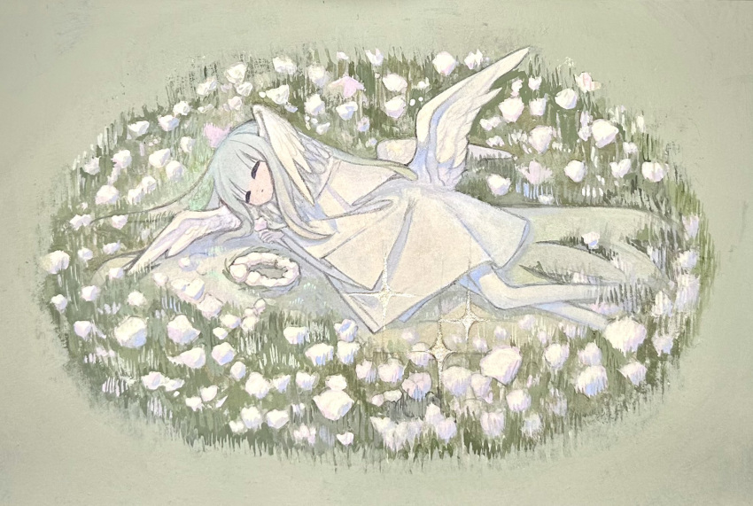 1girl aqua_background circle clothing_request commentary cute_my_rabbit english_commentary flower full_body green_background green_hair grey_hair head_wings highres long_hair long_sleeves lying neck_ruff on_flower on_grass on_side original pantyhose sidelocks silk solo sparkle white_flower white_pantyhose wide_shot wide_sleeves wings