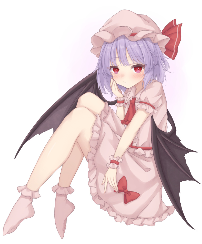 absurdres ascot bat_wings blush bobby_socks collared_shirt frilled_shirt_collar frilled_skirt frilled_sleeves frills gaden19 hand_on_own_face hat highres light_purple_hair looking_at_viewer mob_cap no_shoes pink_headwear pink_shirt pink_skirt pink_socks puffy_short_sleeves puffy_sleeves red_ascot red_eyes remilia_scarlet shirt short_hair short_sleeves sitting skirt skirt_set socks touhou wings wrist_cuffs