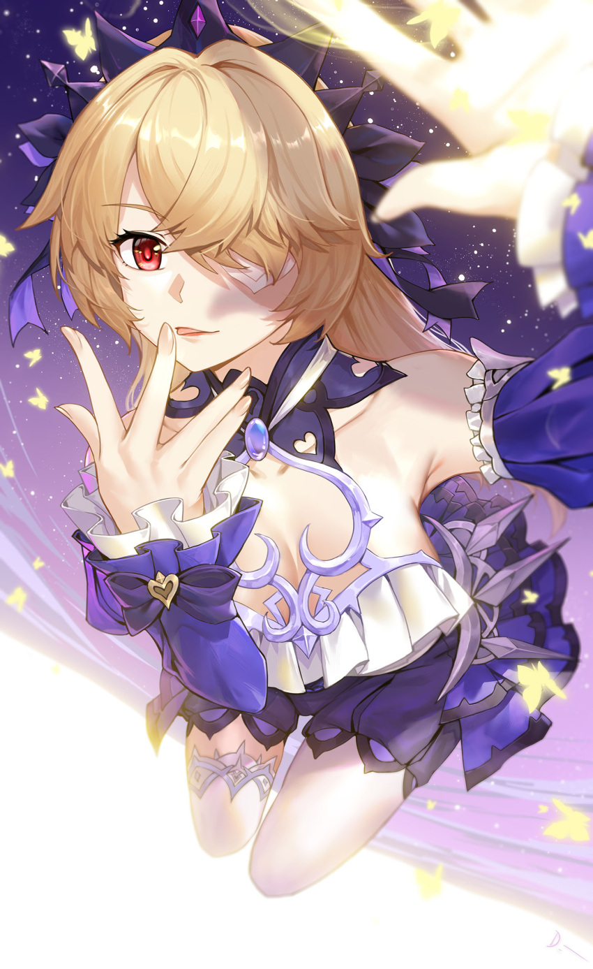 1girl absurdres alternate_eye_color bare_shoulders blonde_hair blush breasts choker detached_sleeves dress eyepatch fischl_(ein_immernachtstraum)_(genshin_impact) fischl_(genshin_impact) frills gem genshin_impact hair_over_one_eye hair_ribbon highres jewelry linreplica long_hair long_sleeves official_alternate_costume official_alternate_eye_color pantyhose purple_choker purple_dress purple_gemstone purple_ribbon purple_sleeves red_eyes ribbon single_leg_pantyhose single_thighhigh sky smile solo star_(sky) starry_sky thigh-highs tiara white_pantyhose white_thighhighs