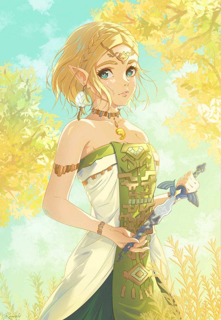 1girl armlet bare_shoulders blonde_hair braid broken broken_sword broken_weapon circlet commentary crown_braid dangle_earrings dress earrings green_eyes highres holding holding_sword holding_weapon jewelry looking_at_viewer master_sword necklace outdoors parted_bangs parted_lips pointy_ears princess_zelda ranveld short_hair sky solo strapless strapless_dress sword the_legend_of_zelda the_legend_of_zelda:_tears_of_the_kingdom tree weapon white_dress wristlet