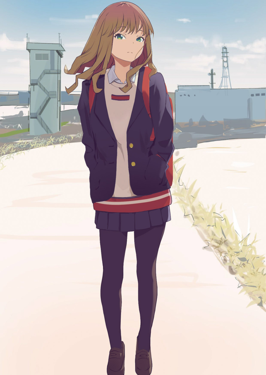 1girl black_jacket black_pantyhose blazer brown_footwear brown_hair day full_body green_eyes gridman_universe hands_in_pockets highres jacket lensu_(lotus36936936) loafers long_hair looking_at_viewer minami_yume outdoors pantyhose pleated_skirt school_uniform shirt shoes skirt solo ssss.dynazenon standing