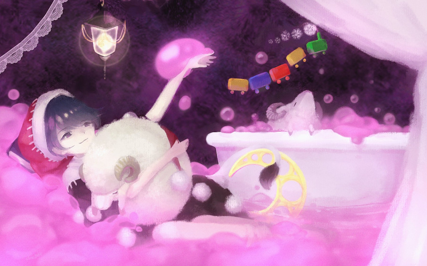 1girl bathtub curtains dark_background doremy_sweet flying highres shee_take sheep soap_bubbles solo_focus touhou train
