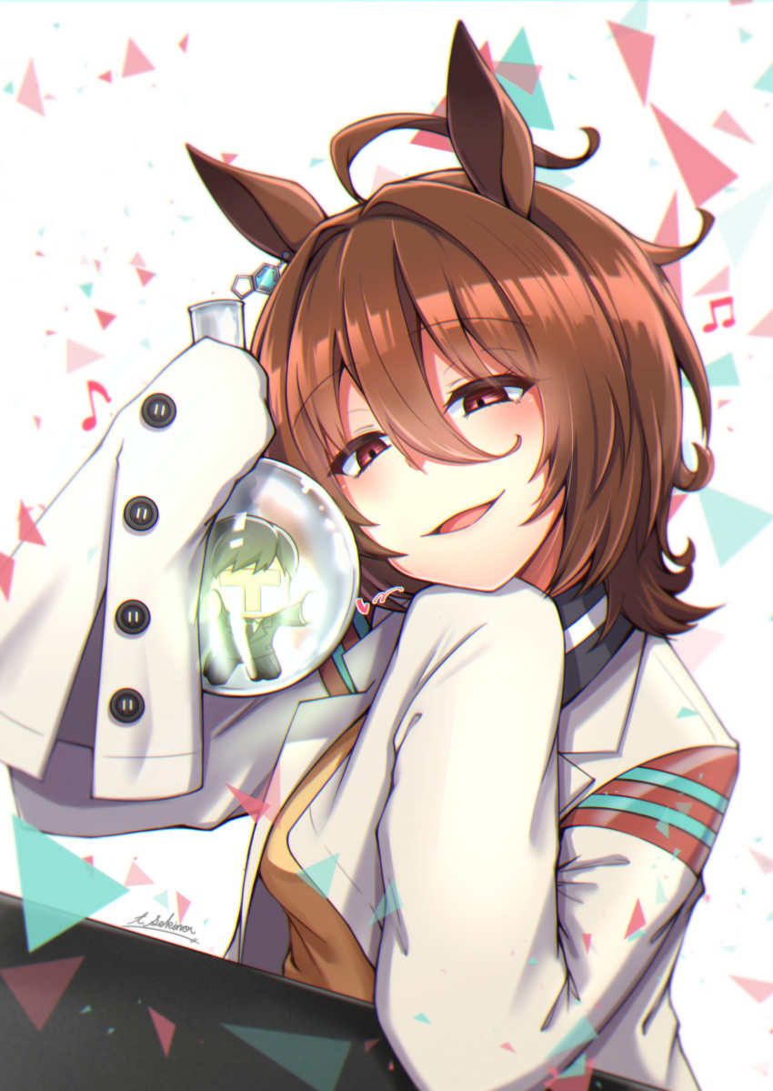 1girl absurdres agnes_tachyon_(umamusume) ahoge animal_ears blush brown_eyes brown_hair buttons flask hair_between_eyes highres horse_ears horse_girl lab_coat mini_person miniboy musical_note open_mouth round-bottom_flask sekino_takehiro shirt signature sleeves_past_fingers sleeves_past_wrists solo trainer_(umamusume) umamusume white_background yellow_shirt