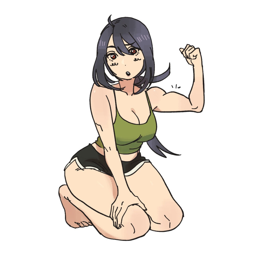 1girl abs black_hair black_shorts dddohlo dolphin_shorts flexing full_body green_tank_top hair_between_eyes hand_on_own_knee highres kneeling long_hair midriff muscular muscular_female open_mouth original ponytail red_eyes seiza shorts sidelocks simple_background sitting solo tank_top tomboy white_background