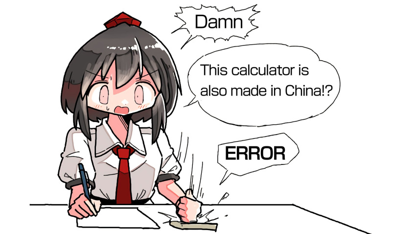 1girl angry black_hair calculator collared_shirt constricted_pupils desk_slam english_text hat highres kasuya_baian math necktie paper pen puffy_short_sleeves puffy_sleeves red_headwear red_necktie shameimaru_aya shirt short_hair short_sleeves simple_background slam solo speech_bubble sweatdrop tareme tokin_hat touhou v-shaped_eyebrows white_background white_shirt