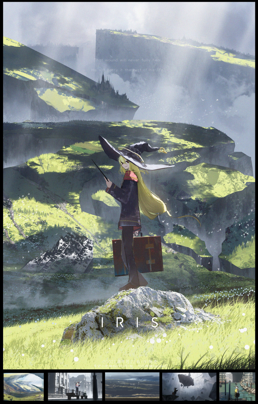 1girl absurdres asteroid_ill black_headwear black_pants blonde_hair blue_jacket character_name cliff clouds cloudy_sky floating_hair flower fog from_side grass hair_between_eyes hat highres holding holding_suitcase holding_wand iris_(asteroid_ill) jacket light_rays long_hair long_sleeves looking_at_viewer mountain original outdoors pants red_eyes red_scarf scarf scenery shadow sidelocks simple_bird sky solo suitcase very_long_hair wand white_flower wind witch_hat