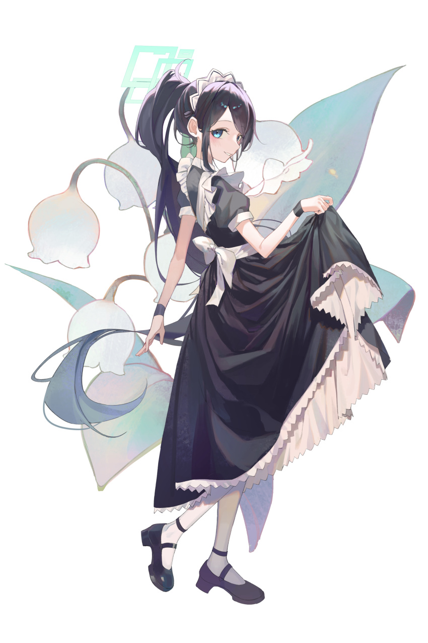 1girl absurdres apron aris_(blue_archive) aris_(maid)_(blue_archive) black_dress black_footwear black_hair blue_archive blue_eyes blush dress frilled_apron frills full_body halo highres long_hair looking_at_viewer looking_to_the_side maid maid_headdress mary_janes may.l official_alternate_costume pantyhose ponytail puffy_short_sleeves puffy_sleeves shoes short_sleeves skirt_hold smile solo very_long_hair white_apron white_pantyhose wristband