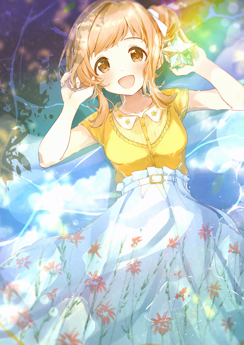 1girl :d belt blush bow breasts brown_eyes brown_hair clouds collarbone dot_nose floral_print hair_bow hair_bun hands_up highres holding holding_star idolmaster idolmaster_shiny_colors large_breasts lens_flare light_brown_hair long_hair looking_at_viewer lying medium_breasts on_back open_mouth partially_submerged print_skirt qs11 rainbow_gradient reflection reflective_water sakuragi_mano shirt short_sleeves single_hair_bun skirt sky smile solo star_(symbol) tree water white_belt white_bow white_skirt yellow_shirt