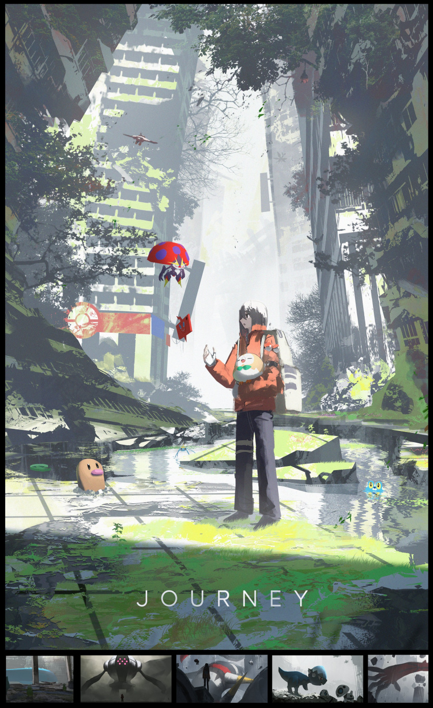 1girl absurdres asteroid_ill backpack bag black_pants brown_hair character_request cityscape collared_jacket diglett english_text fog full_body hair_between_eyes highres holding jacket long_hair long_sleeves looking_at_another moss orange_jacket orbeetle overgrown pants plant pokemon pokemon_(creature) post-apocalypse river ruins scenery solo standing tree vines