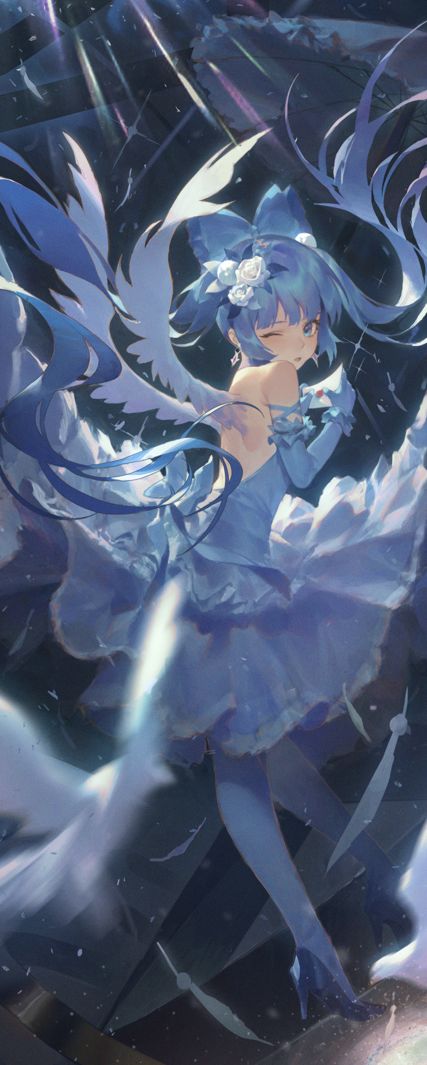 1girl absurdres alter angel_wings blue_dress blue_eyes blue_footwear blue_gloves blue_hair blue_pantyhose dress earrings elbow_gloves gloves hatsune_miku high_heels highres holding holding_letter jewelry letter long_hair looking_at_viewer one_eye_closed pantyhose solo twintails vocaloid wings