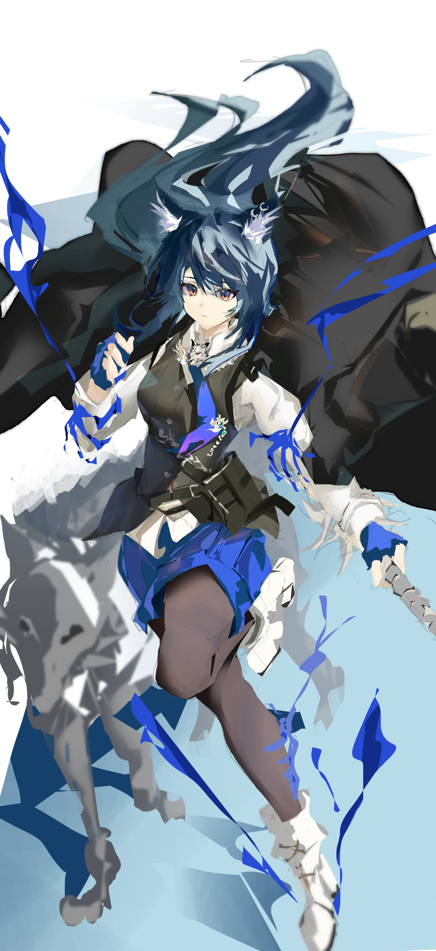 1girl absurdres animal_ear_fluff animal_ears arknights black_hair black_pantyhose black_vest blue_background blue_gloves blue_necktie blue_shorts boots closed_mouth fingerless_gloves gloves gradient_background highres holding holding_sword holding_weapon knee_boots leg_up long_hair long_sleeves necktie pantyhose rinne0611 shorts solo sword texas_(arknights) texas_the_omertosa_(arknights) very_long_hair vest weapon white_background white_footwear wolf wolf_ears