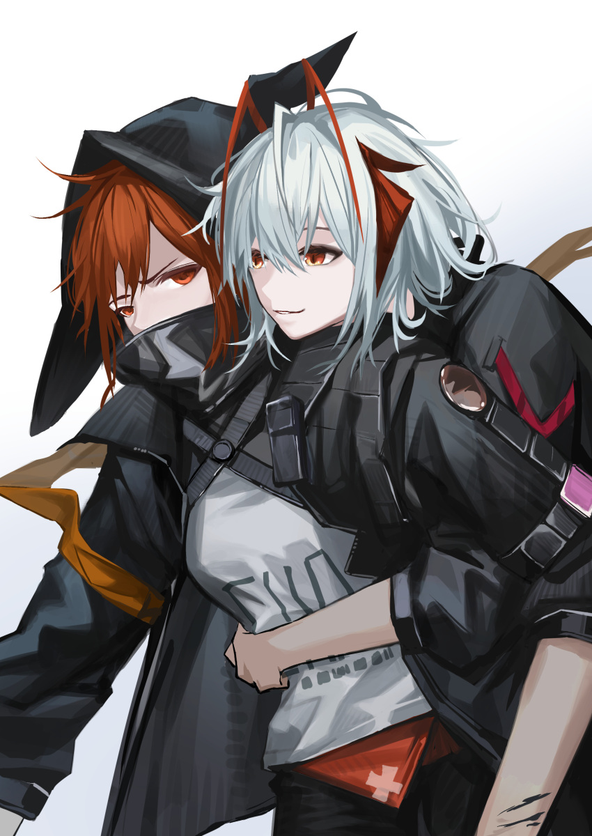 2girls absurdres ahoge animal_ears antennae arknights black_jacket commentary commission crownslayer_(arknights) demon_horns english_commentary grey_hair hair_between_eyes high_collar highres horns hug hug_from_behind jacket multiple_girls orange_eyes orange_hair oripathy_lesion_(arknights) parted_bangs parted_lips pixiv_commission red_eyes red_horns senkane shirt simple_background smile w_(arknights) white_background white_hair white_shirt wolf_ears wolf_girl yuri