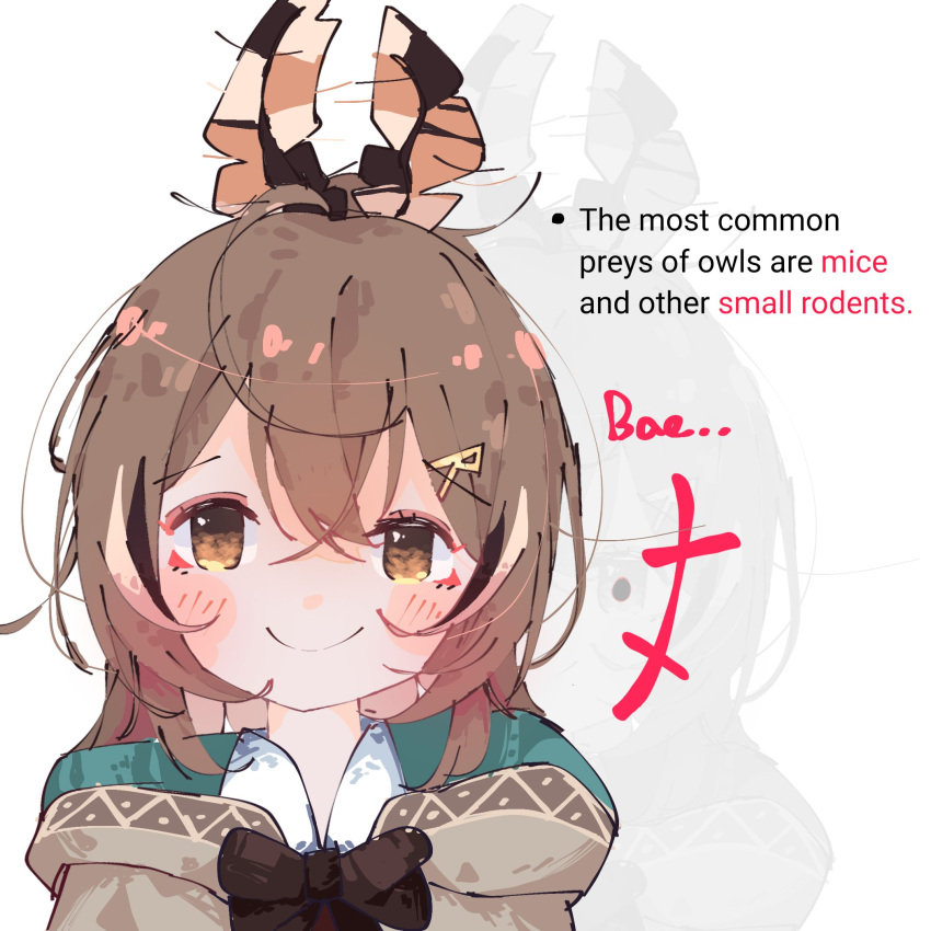 +++ 1girl ahoge blush_stickers brown_capelet brown_eyes brown_hair capelet closed_mouth commentary crossed_bangs english_commentary english_text feather_hair_ornament feathers hair_between_eyes hair_ornament hairclip highres hololive hololive_english koyoinacho looking_at_viewer multicolored_hair nanashi_mumei portrait sidelocks simple_background smile solo streaked_hair virtual_youtuber white_background zoom_layer