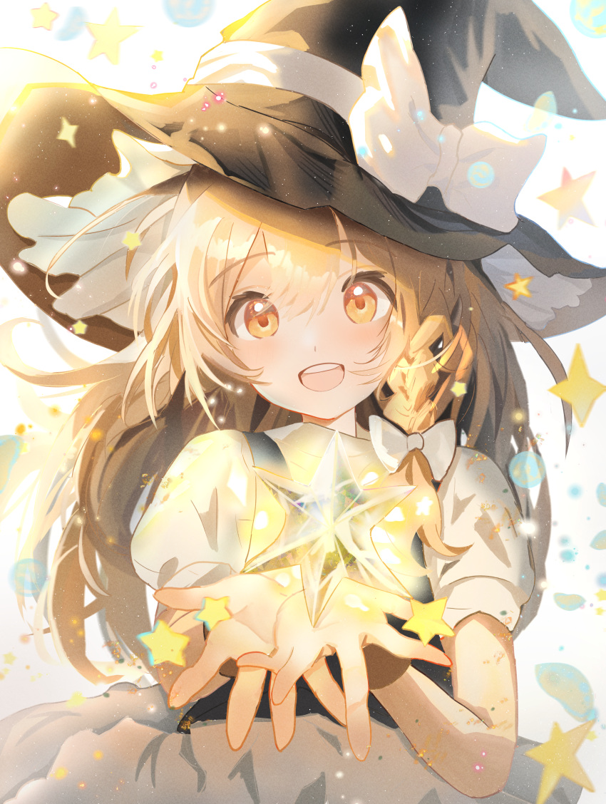 1girl :d absurdres black_headwear black_vest blonde_hair bow braid commentary_request dress hair_bow hat hat_bow highres kirisame_marisa long_hair looking_at_viewer open_mouth puffy_short_sleeves puffy_sleeves short_sleeves single_braid smile solo sparkle star_(symbol) touhou upper_body uroam vest white_bow white_dress witch_hat yellow_eyes