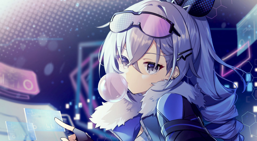 1girl black_gloves blurry blurry_background chewing_gum closed_mouth depth_of_field drill_hair earrings eyewear_on_head fingerless_gloves fur-trimmed_jacket fur_trim gloves grey_eyes grey_hair hair_between_eyes hair_ornament hairpin highres holographic_interface honkai:_star_rail honkai_(series) jacket jewelry long_hair looking_at_viewer semi-rimless_eyewear shirase_(shirose) silver_wolf_(honkai:_star_rail) solo sunglasses tinted_eyewear