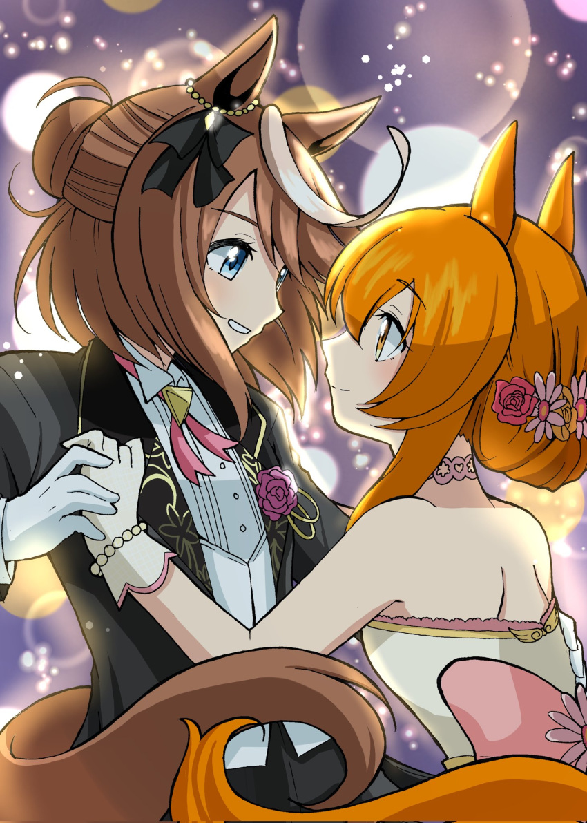 2girls animal_ears bare_shoulders black_jacket blooming_maiden's_june_pride_(umamusume) blue_eyes blurry bokeh breasts brown_hair choker closed_mouth collared_shirt commission corsage cross_tie depth_of_field dress emapippi eye_contact flat_chest flower hair_bun hair_flower hair_ornament half_updo highres holding_hands horse_ears horse_girl horse_tail jacket looking_at_another mayano_top_gun_(sunlight_bouquet)_(umamusume) mayano_top_gun_(umamusume) multicolored_hair multiple_girls open_mouth orange_hair shirt short_hair shoulder_blades skeb_commission small_breasts smile strapless strapless_dress streaked_hair tail tokai_teio_(umamusume) tokai_teio_(waltz_of_hiwing)_(umamusume) umamusume upper_body vest wherefore_i_adore_you_(umamusume) white_shirt white_vest yellow_eyes yuri