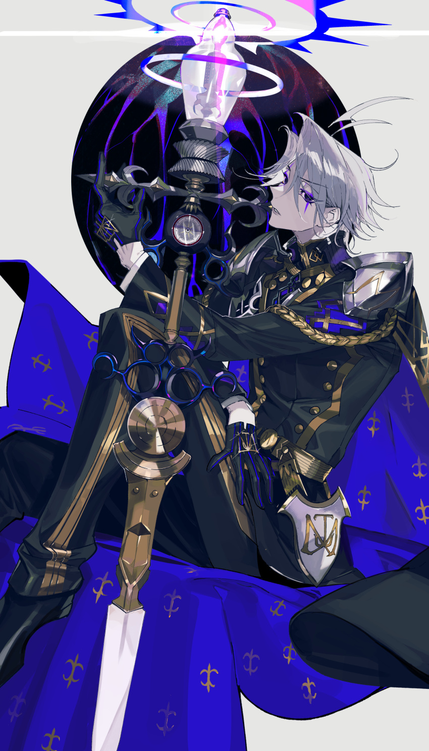 1boy absurdres ahoge black_cape black_eyes black_gloves cape facial_mark fate/grand_order fate_(series) formal gloves highres holding holding_staff james_moriarty_(ruler)_(fate) kaifei_(kaifei_29) lightning_ahoge long_sleeves looking_at_viewer male_focus shirt short_hair shoulder_pads sitting solo staff suit white_background white_shirt