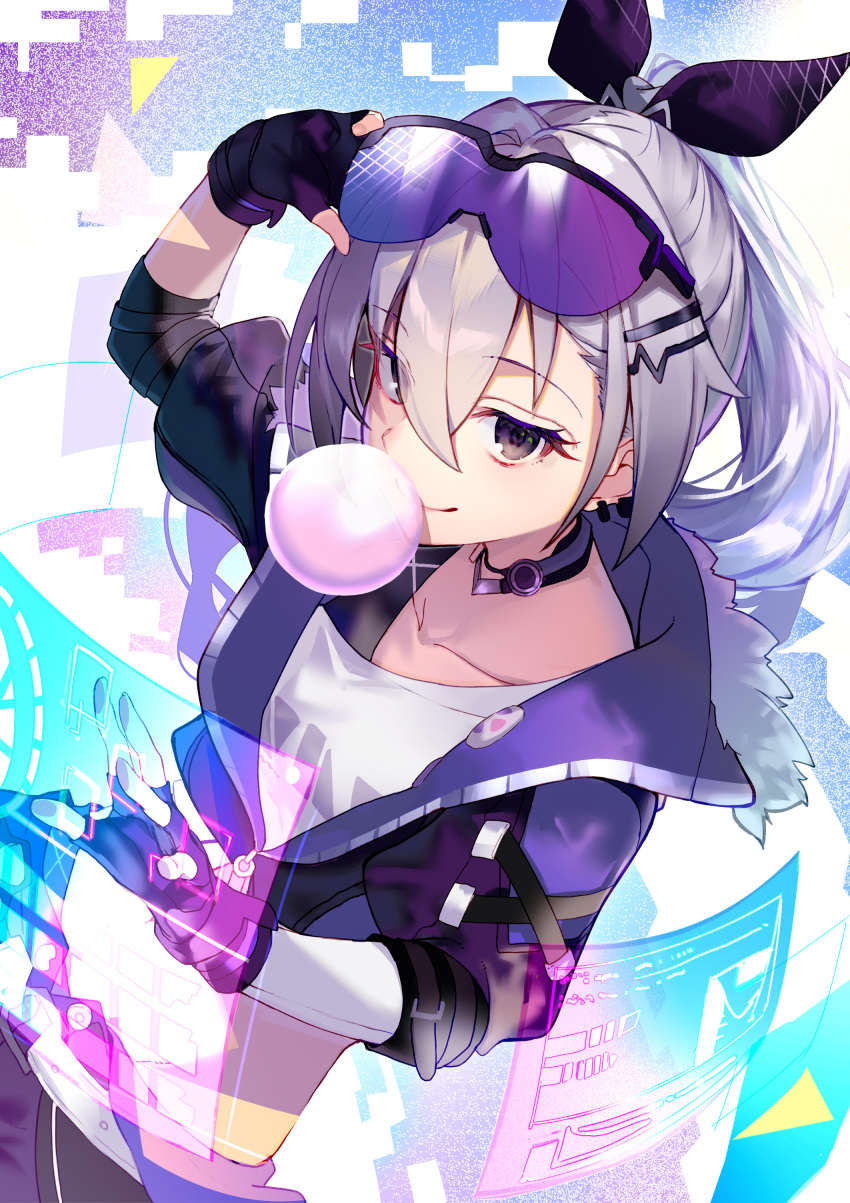 1girl absurdres black_gloves black_ribbon chewing_gum collarbone commentary_request crossed_bangs ear_piercing fingerless_gloves gloves goggles goggles_on_head grey_eyes grey_hair grey_jacket hair_ribbon highres holographic_interface honkai:_star_rail honkai_(series) jacket long_hair looking_at_viewer midriff piercing ponytail ribbon shirt silver_wolf_(honkai:_star_rail) smile solo tsukudani_(ore624) white_shirt