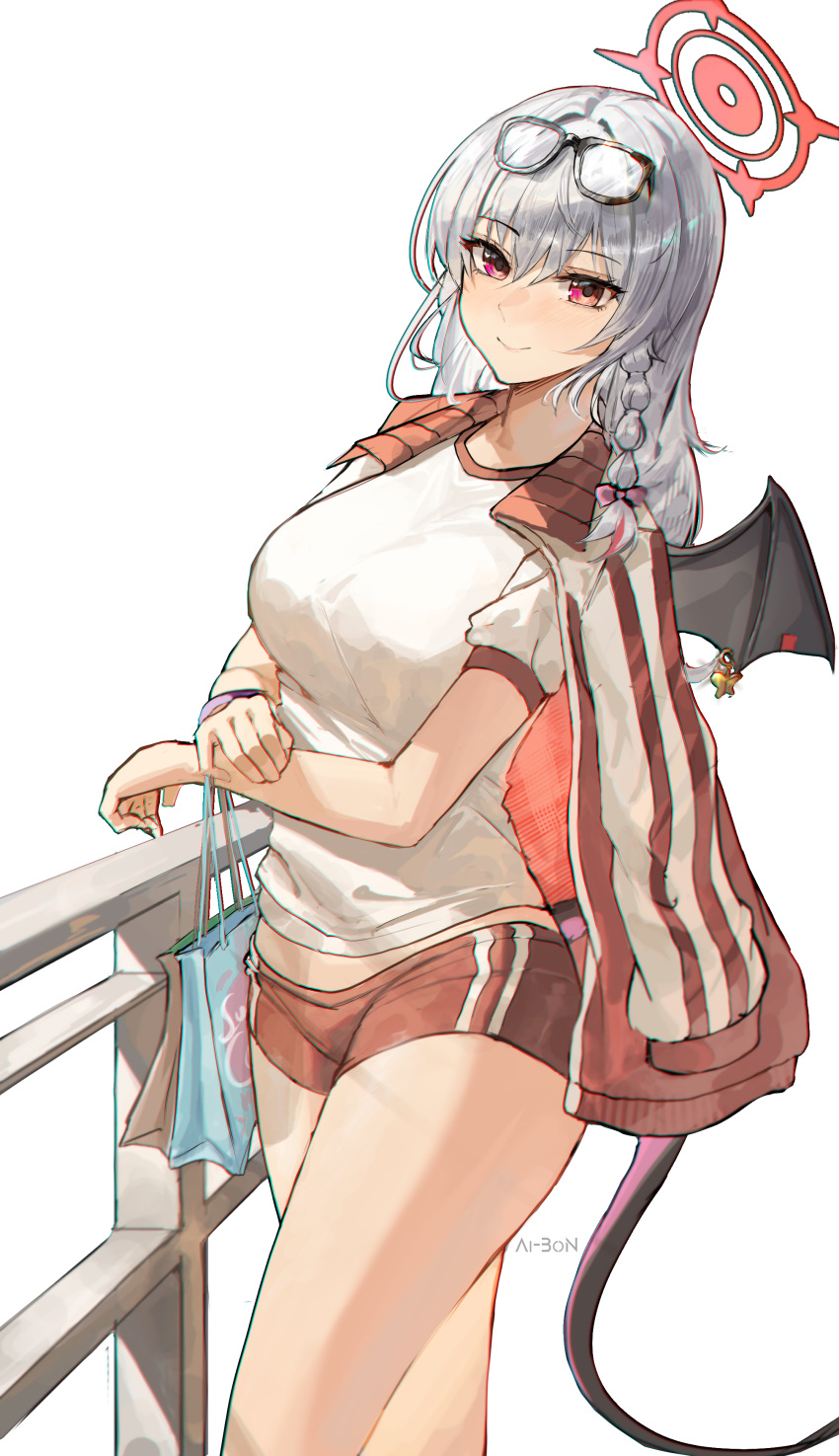 1girl absurdres ai-bon artist_name blue_archive breasts demon_wings eyewear_on_head glasses grey_hair gym_uniform haruna_(blue_archive) highres jacket jacket_on_shoulders large_breasts long_hair red_eyes shirt short_shorts shorts smile track_jacket white_background white_shirt wings