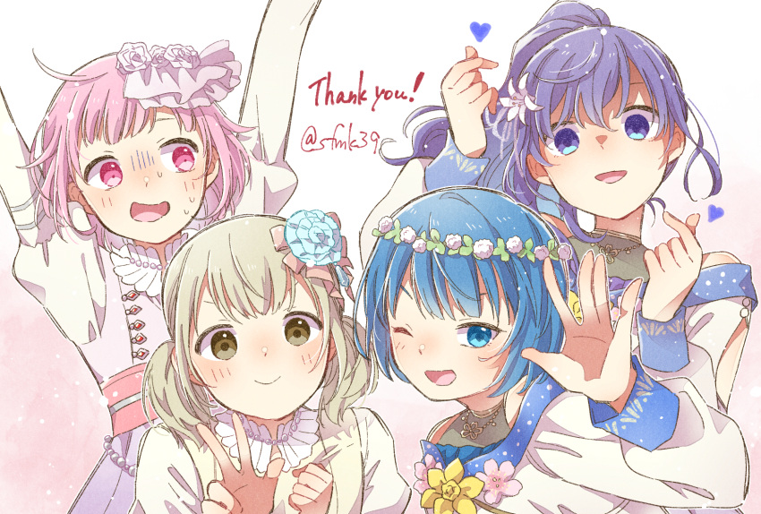 4girls :d ahoge arms_up artist_name asahina_mafuyu azusawa_kohane bead_necklace beads blue_eyes blue_flower blue_hair blush bow closed_mouth collared_dress dot_nose dress flower flower_necklace gradient_background green_eyes hair_bow hair_flower hair_ornament head_wreath heart high_ponytail highres jewelry kiritani_haruka light_brown_hair long_bangs long_sleeves looking_at_viewer multiple_girls necklace one_eye_closed ootori_emu open_hand open_mouth outstretched_arm pink_background pink_eyes pink_hair project_sekai puffy_short_sleeves puffy_sleeves purple_dress purple_hair sa-fu_(sfmk39) sash shirt short_hair short_sleeves short_twintails sidelocks sideways_glance simple_background sleeve_cuffs smile sweatdrop thank_you twintails upper_body v v-shaped_eyebrows violet_eyes waving white_background white_shirt