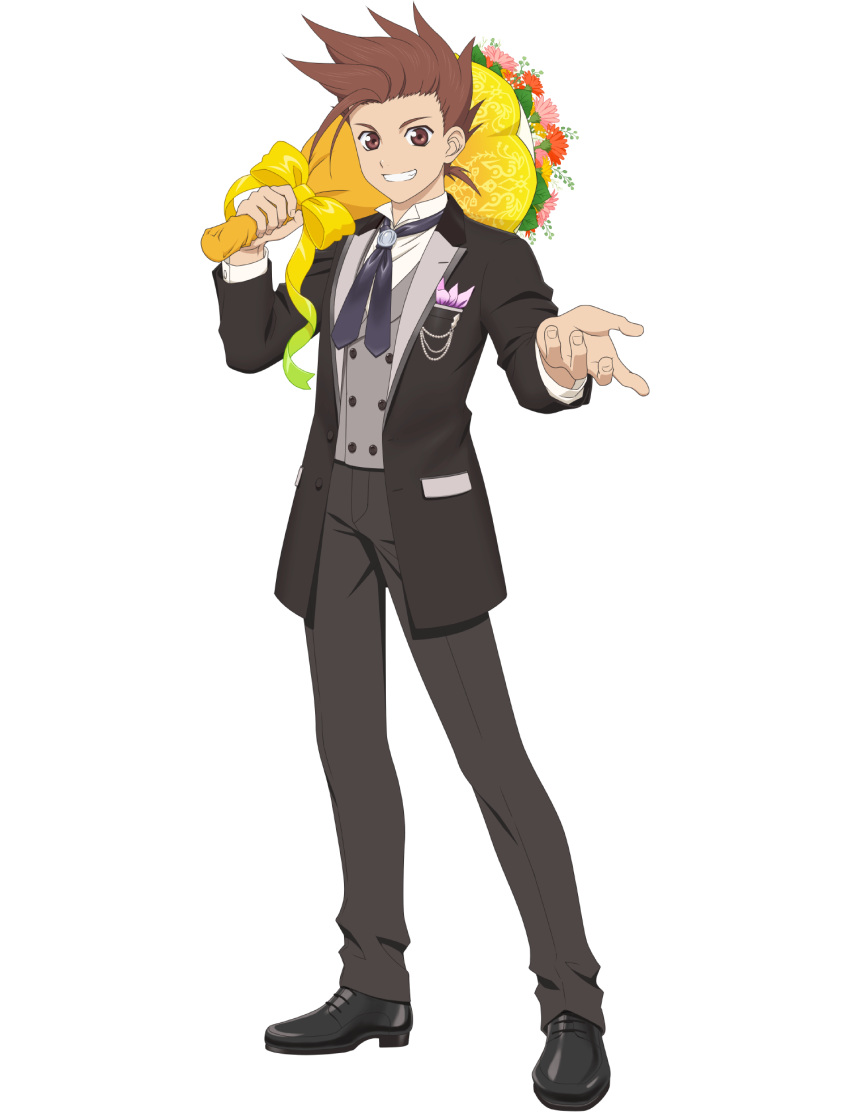 1boy black_eyes black_pants brown_eyes brown_hair english_commentary fingernails flower formal full_moon highres holding holding_flower lloyd_irving long_sleeves looking_back male_focus moon official_art pants shoes smile solo spiky_hair tales_of_(series) tales_of_asteria tales_of_symphonia teeth