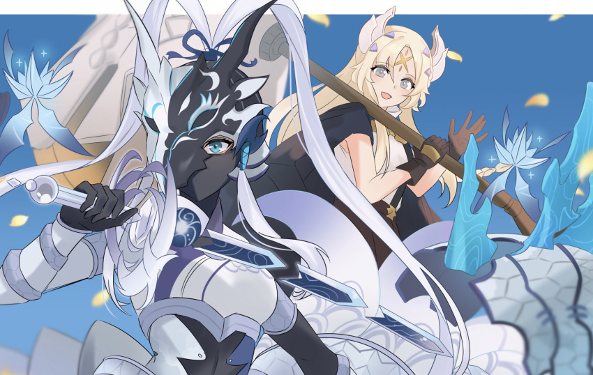 2girls armor black_bodysuit blonde_hair blue_hair bodysuit breasts bug butterfly dragon dragon_girl dragon_tail duel_monster ecclesia_(yu-gi-oh!) full_body gloves grey_eyes hammer heichi helmet highres holding holding_hammer holding_sword holding_weapon incredible_ecclesia_the_virtuous leather leather_gloves long_hair looking_at_viewer mask mask_on_head mask_over_one_eye mouth_mask multiple_girls open_mouth sword swordsoul_of_mo_ye tail very_long_hair waving weapon white_hair yu-gi-oh!