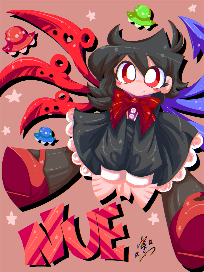 1girl absurdres ahoge asymmetrical_hair asymmetrical_wings black_dress black_hair black_thighhighs blue_wings blush blush_stickers bow bowtie character_name closed_mouth commentary_request dress english_text flat_color frown hair_between_eyes heart highres houjuu_nue long_hair long_sleeves looking_at_viewer makeup mascara messy_hair no_lineart no_nose nose_blush nue_(phrase) partial_commentary pink_background red_bow red_bowtie red_eyes red_footwear red_wings shadow shoes signature simple_background sleeve_cuffs sleeves_past_wrists solo star_(symbol) thigh-highs touhou ufo very_big_eyes wings yumemizawazawa