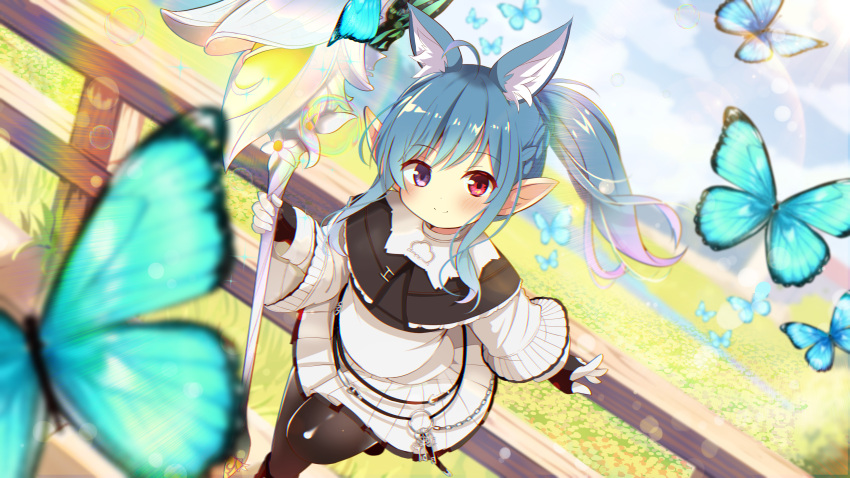 1girl absurdres animal_ear_fluff animal_ears black_capelet black_gloves black_pantyhose blue_hair bug butterfly capelet cat_ears clouds commission dress fence final_fantasy final_fantasy_xiv fingerless_gloves gloves heterochromia highres lalafell leg_up long_hair looking_at_viewer outdoors pantyhose pointy_ears shiro9jira short_dress side_ponytail skeb_commission sky smile staff standing standing_on_one_leg weapon white_dress
