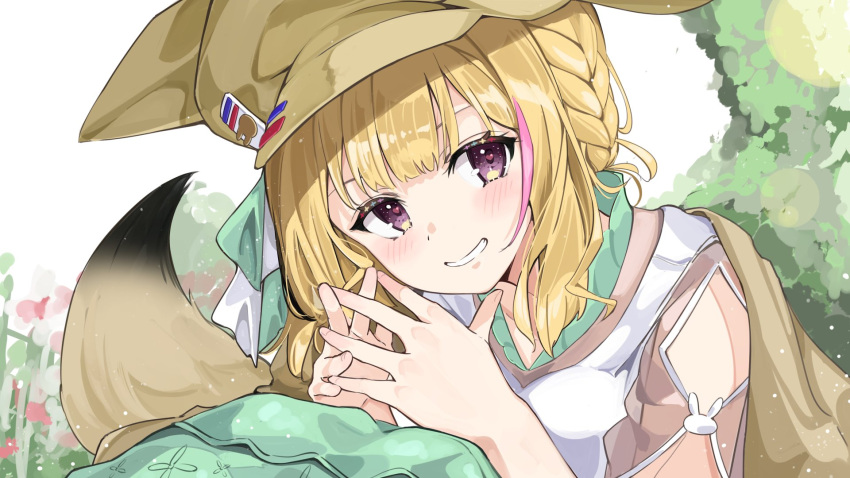 1girl anbasa_(amaneyuz13) black_hair blonde_hair blouse braid brown_headwear close-up fox_girl fox_hat fox_tail green_skirt grin hat heart heart-shaped_pupils highres hololive interlocked_fingers looking_at_viewer medium_hair multicolored_hair official_alternate_costume official_alternate_hairstyle omaru_polka omaru_polka_(3rd_costume) own_hands_together pink_hair see-through see-through_sleeves shirt short_sleeves side_braid sidelocks single_braid skirt smile solo streaked_hair symbol-shaped_pupils tail teeth violet_eyes virtual_youtuber white_shirt