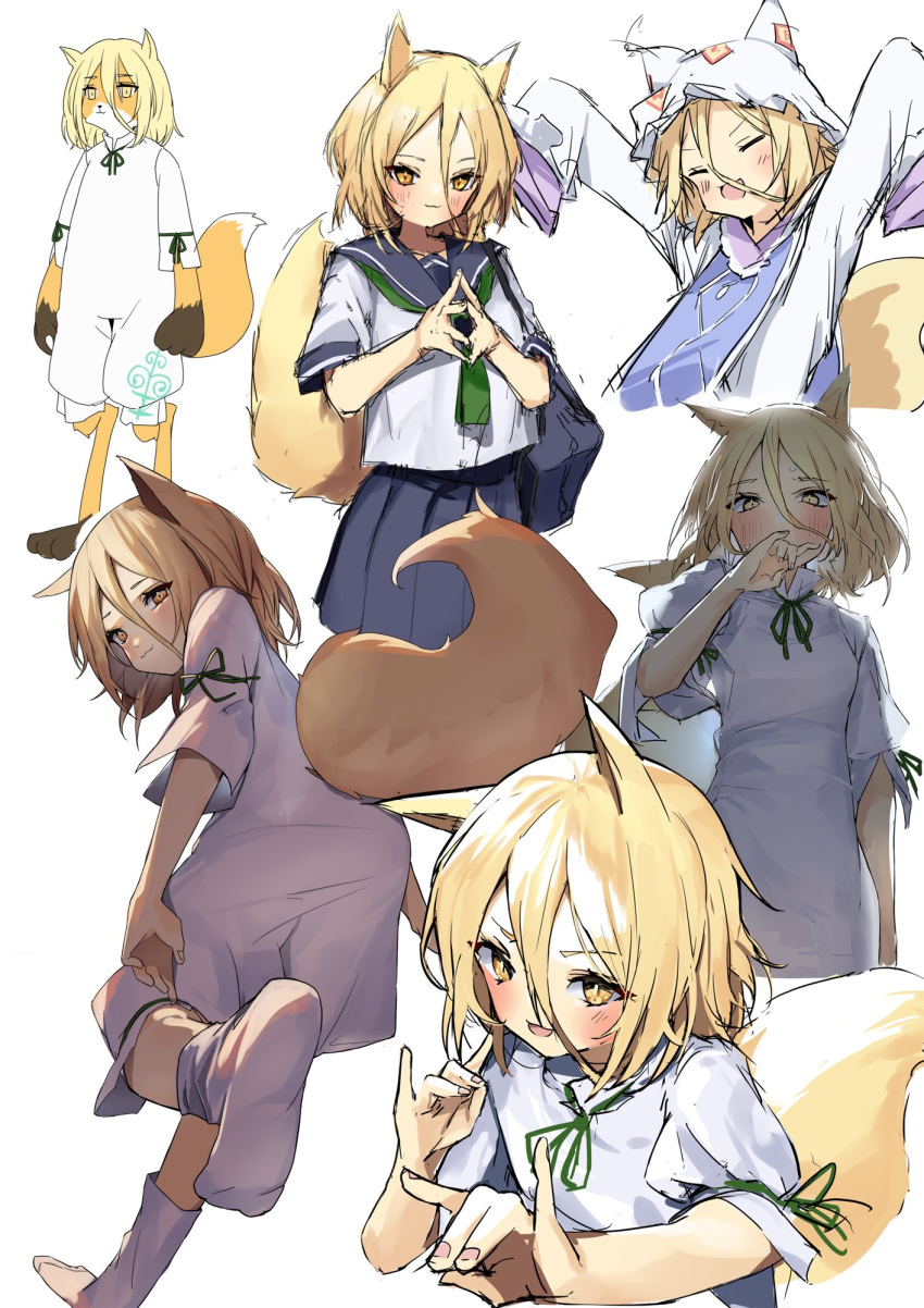 1girl alternate_costume animal_ears black_sailor_collar black_skirt blonde_hair cosplay double_fox_shadow_puppet fox_ears fox_girl fox_shadow_puppet fox_tail hair_between_eyes highres kudamaki_tsukasa kudamaki_tsukasa_(fox) long_sleeves multiple_views own_hands_together pocche-ex sailor_collar school_uniform serafuku short_hair simple_background skirt tabard tail touhou white_background white_footwear white_headwear white_romper white_serafuku yakumo_ran yakumo_ran_(cosplay) yellow_eyes