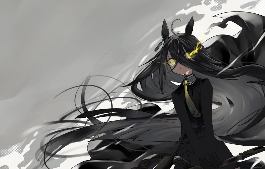 1girl absurdly_long_hair absurdres ahoge animal_ears black_choker black_coat black_gloves black_hair black_skirt black_vest choker coat collared_shirt commentary commission cowboy_shot cropped earrings expressionless flaming_eye floating_hair fujiyama_ichiha gloves grey_background gun hair_between_eyes hair_over_one_eye halftone highres holding holding_gun holding_weapon horse_ears horse_girl jewelry long_bangs long_hair long_sleeves looking_at_viewer manhattan_cafe_(umamusume) necktie open_clothes open_coat parted_lips pleated_skirt shirt single_earring skeb_commission skirt smoke solo symbol-only_commentary two-handed umamusume v_arms very_long_hair vest weapon white_shirt yellow_eyes yellow_necktie