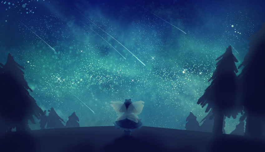 1girl fairy fairy_wings forest highres moonlight nature night night_sky outdoors pine_tree scenery shee_take shooting_star skirt sky solo star_(sky) star_sapphire starry_sky touhou tree wings