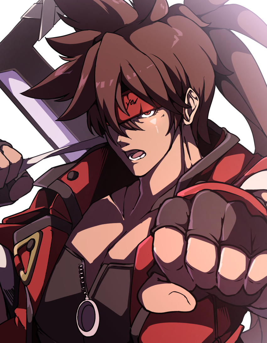 1boy :o absurdres arc_system_works black_jacket brown_hair clenched_hand collarbone fingerless_gloves forehead_protector foreshortening gloves gokuu_(acoloredpencil) guilty_gear guilty_gear_strive hair_between_eyes headband highres jacket long_hair lower_teeth_only male_focus multicolored_clothes multicolored_jacket muscular muscular_male open_clothes open_jacket outrage_mk_ii pectorals ponytail red_eyes red_jacket simple_background sol_badguy solo spiky_hair sword teeth upper_body weapon white_background
