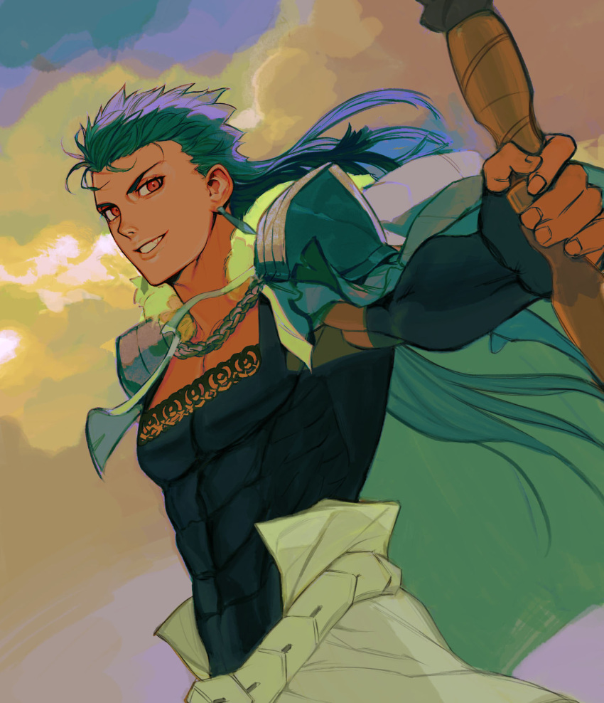 1boy baragi belt blue_hair capelet closed_mouth cu_chulainn_(caster)_(fate) cu_chulainn_(fate) earrings fang fate/grand_order fate_(series) floating_hair foreshortening fur-trimmed_hood fur_trim grin highres holding holding_staff hood hood_down hooded_capelet jewelry long_hair looking_at_viewer male_focus outdoors pectorals red_eyes skin_tight sky smile solo spiky_hair staff