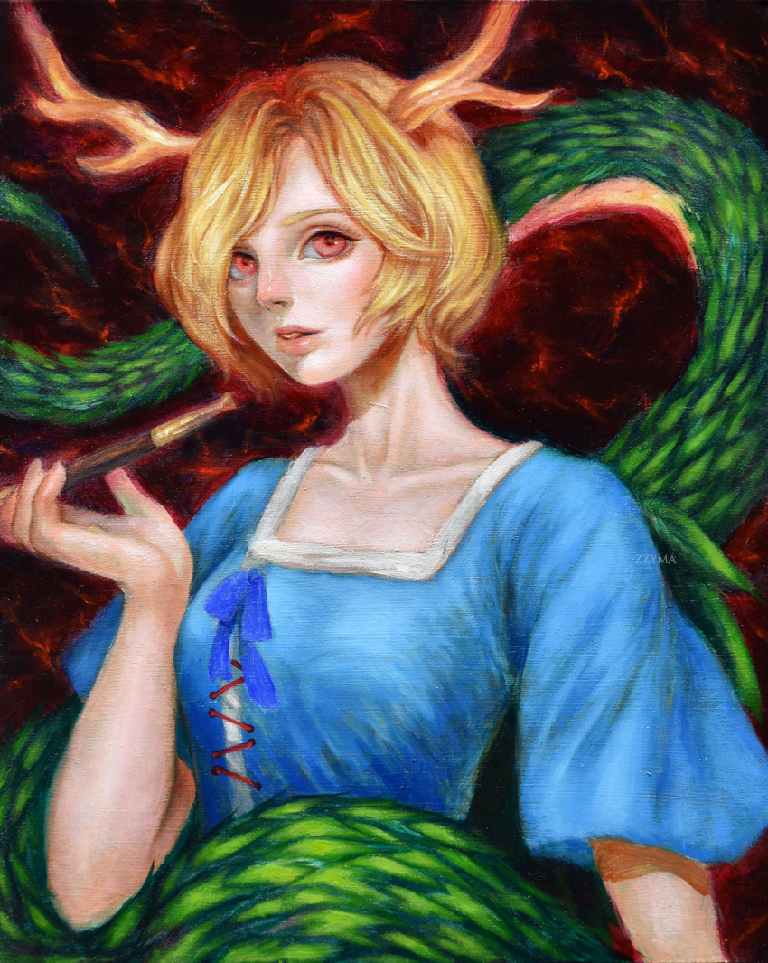 1girl antlers blonde_hair blue_shirt breasts commentary_request dark_background dragon_tail expressionless hand_up highres holding holding_smoking_pipe johnalay kicchou_yachie kiseru lips medium_breasts nose parted_bangs parted_lips red_eyes shirt short_hair short_sleeves simple_background smoking_pipe solo tail touhou traditional_media turtle_shell upper_body