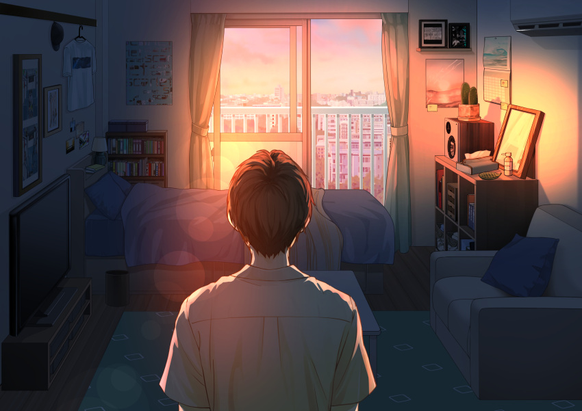 1boy absurdres balcony bed bed_sheet blanket bookshelf brown_hair couch curtains danjo_(tarou) evening flat_screen_tv from_behind highres indoors macaronk original pillow poster_(object) rug shirt short_hair short_sleeves solo speaker standing television white_shirt